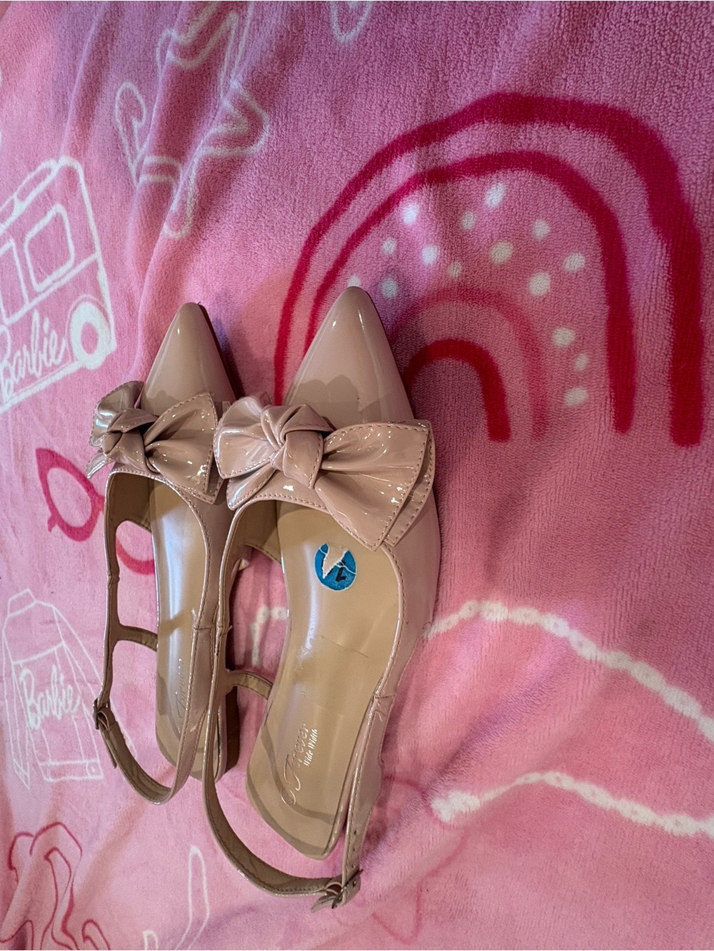 Pointed Toe Patent Slingback Flats with Bow in Nude Pink